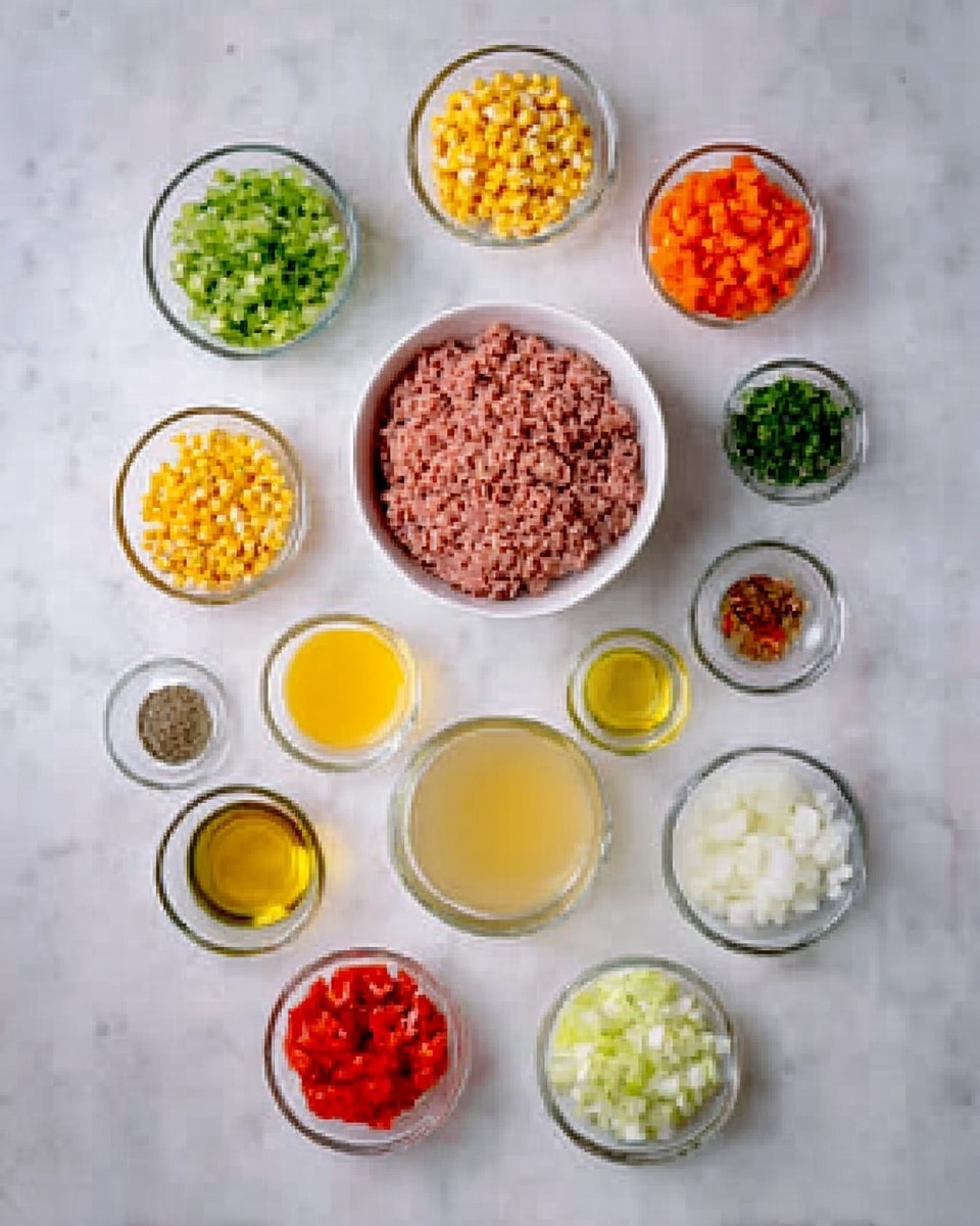 The image shows various small white bowls and clear glass containers on a white marbled surface, each holding different colorful ingredients. Near the center is a large white bowl filled with ground meat, surrounded by smaller bowls containing ingredients like bright yellow corn kernels, finely chopped green herbs, bright orange diced vegetables, white chopped onions, red chopped tomatoes, creamy yellow broth, light green chopped celery, oil, and spices in small amounts. The ingredients are spaced evenly and arranged neatly, ready for cooking. Photo taken with an iphone --ar 4:5 --v 7