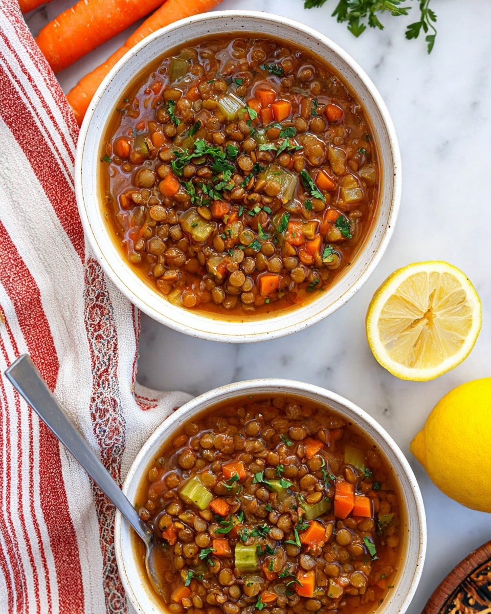 Two white bowls filled with thick brown lentil soup sit on a white marbled surface. Each bowl contains visible layers of cooked lentils, orange carrot pieces, and small green celery chunks, all mixed in a rich reddish-brown broth with fresh green herbs sprinkled on top. Around the bowls, bright orange carrots and a whole yellow lemon add color to the scene, with a white and red striped towel folded nearby. A woman's hand holding a silver spoon is partly visible next to the bottom bowl. photo taken with an iphone --ar 4:5 --v 7