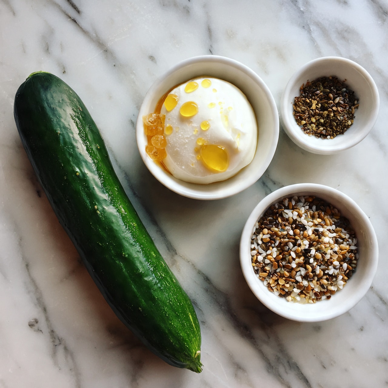 The image shows a long dark green cucumber lying on a white marbled surface, next to two white small bowls. One bowl has a light, creamy spread with a smooth texture and a few small yellow drops on top, while the other bowl contains a mix of small seeds in brown, black, white, and orange colors, appearing dry and slightly rough. Photo taken with an iphone --ar 4:5 --v 7