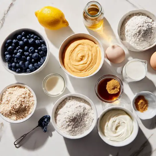 The image shows several white bowls and small glass containers placed on a white marbled surface, each holding different baking ingredients. There are two small white bowls filled with pale orange thick batter and fresh blueberries. Two eggs are placed on the surface near a small white bowl of milk and a small clear jar of vanilla extract. There is a lemon, a small measuring spoon of mustard-colored powder, and three white bowls containing various amounts of flour, one with plain flour and the other two with different textures of white powdered ingredients. A small glass jug of lemon juice and a small bowl of creamy white yogurt are also present. The scene is bright and organized. Photo taken with an iphone --ar 4:5 --v 7