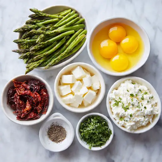The image shows six small white bowls placed neatly on a white marbled surface, each holding different colorful ingredients. At the top left, there is a bowl filled with bright green asparagus tips, next to it on the right is a bowl with smooth yellow round yolks in liquid. Below the asparagus, a bowl holds small white pieces of soft cheese with a creamy texture. Beside that to the right, another bowl is filled with white ricotta cheese that looks fluffy. At the bottom left, there is a bowl filled with deep reddish-brown sun-dried tomato slices, and finally, at the bottom right, a bowl contains fresh chopped green herbs. In front of the bowls, a small white dish holds ground black pepper. The image has a clean and bright look, photo taken with an iphone --ar 4:5 --v 7