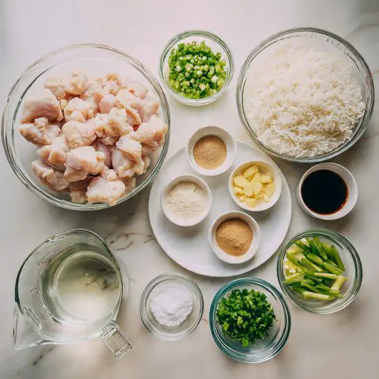 The image shows 11 glass bowls and one measuring cup placed on a white marbled surface. The largest bowl on the left contains raw pale pink chicken pieces. The largest bowl on the top center holds white rice soaked in water, and a small bowl with green chopped spring onions is next to it on the top right. In the middle on a white plate are six small bowls; from left to right, the first has light brown ginger powder, the second has white cornstarch, the third has light brown ground white pepper, the fourth has pale yellow sliced fresh ginger, the fifth has dark brown soy sauce, and the sixth has light green chopped scallions. Below the white plate, a small bowl contains coarse white salt, next to it another bowl with green chopped scallions, and a final small bowl with a light yellow liquid, likely oil. A transparent measuring cup with a handle, containing clear water, sits on the bottom left. The setup is well-organized and brightly lit. photo taken with an iphone --ar 4:5 --v 7