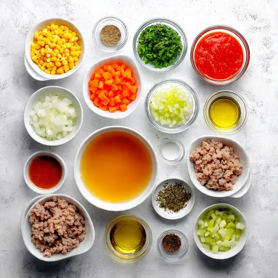 The image shows a flat lay of 14 small white bowls and glasses arranged neatly on a white marbled surface. Each container holds different ingredients: bright yellow corn kernels, finely chopped green herbs, finely diced white onions, small diced orange carrots, chopped green celery, red chopped tomatoes, ground meat in the center, a bowl of yellow broth, a glass of orange liquid, and several small containers with spices and oil. The arrangement is symmetrical and clean, showcasing a variety of colors and textures against the white marbled background. Photo taken with an iphone --ar 4:5 --v 7