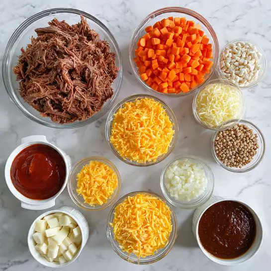 The image shows multiple small clear bowls and open cans with different ingredients placed neatly on a white marbled surface. Starting from the top left, there is a large clear bowl filled with shredded meat, next to it a smaller clear bowl with bright orange diced carrots. Below, there are two open white cans filled with a creamy mixture. Below them, there are two small clear bowls, one with a thick red sauce and one with a dark liquid. To the right, there is a small bowl containing finely chopped white onions, a bowl with small yellow cubes of cheese, a bowl of shredded yellow cheese, and two small bowls with minced garlic and white seeds. The colors vary from brown, orange, red, yellow, white, and beige, all set neatly in a grid-like shape on the white marble. Photo taken with an iphone --ar 4:5 --v 7