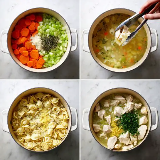 A white pot shows four stages of making chicken tortellini soup on a white marbled surface. First, sliced orange carrots, bright green celery, minced white garlic, and herbs with salt and pepper are layered side by side. Next, a woman's hand using tongs lowers a smooth, pale raw chicken piece into clear broth with tiny herb bits floating. Then, the pot fills with a golden broth and many uncooked tortellini pasta pieces, mixed with the softened carrot and celery slices. Finally, chunks of cooked white chicken, finely chopped green parsley, and yellow lemon zest sit on top of the warm soup full of tortellini and vegetables, ready to serve. photo taken with an iphone --ar 4:5 --v 7