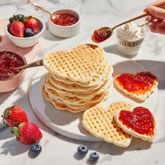 The image shows a round stack of heart-shaped waffles with a light golden color and a crisp texture, placed on a white plate on a white marbled surface. There are three layers of waffles visible in the stack. Beside the stack are two heart-shaped waffle pieces topped with red strawberry jam. Around the plate and waffles, there are fresh strawberries, blueberries, and small white bowls with strawberry jam and cream. A woman's hand is holding a small golden spoon with some red jam on it above the bowls. The setting is bright and clean with red, blue, and white tones. Photo taken with an iphone --ar 4:5 --v 7