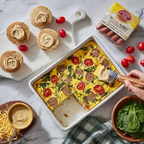 A white rectangular baking tray holds a bright yellow egg casserole with visible layers of green spinach leaves, red cherry tomato halves, and sliced brown smoked sausage scattered throughout. One square piece is taken out with a metal spatula that has a light wooden handle. On the left, a white wooden board shows three English muffins, each filled with one piece of the casserole and a spread of beige creamy sauce inside the muffin tops. Above the muffins, there is a pack of smoked sausage still sealed. A small bowl of creamy beige sauce with a woman's hand holding a knife spreading sauce is near the muffins. Red whole and halved cherry tomatoes are scattered on a green checkered cloth next to the tray. A wooden bowl to the bottom right contains fresh green spinach leaves, and shredded yellow cheese rests on another wooden board nearby. The background surface is white marble. Photo taken with an iphone --ar 4:5 --v 7