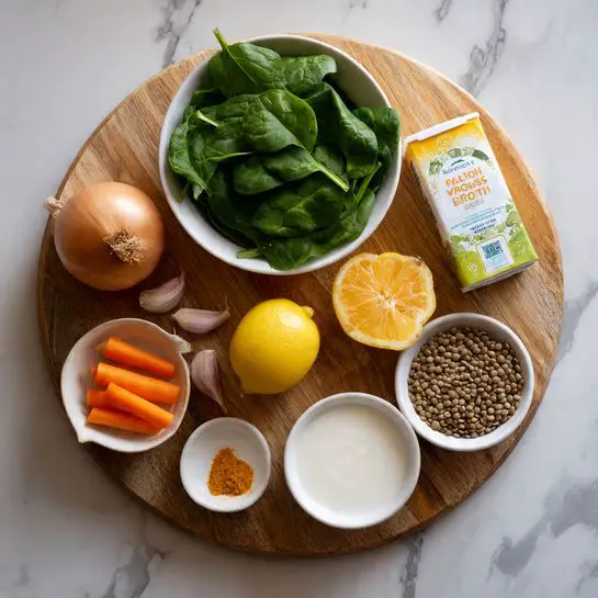 The image shows a wooden round board placed on a white marbled surface. On the board, there is a white bowl filled with fresh green spinach leaves positioned near the top left. To the right of the bowl is a small carton of yellow Pacific Vegetable Broth. Below the bowl, on the left, are three garlic cloves and a whole brown onion. Next to the garlic and onion, there is a sliced orange carrot displayed in a small white bowl. Near the middle is a small white bowl with a thick white liquid, possibly cream. To the right, another white bowl holds light brown lentils. Finally, at the bottom center, a lemon and a small white plate with a yellow powder spice and a pinch of pepper rest on the board. Photo taken with an iphone --ar 4:5 --v 7