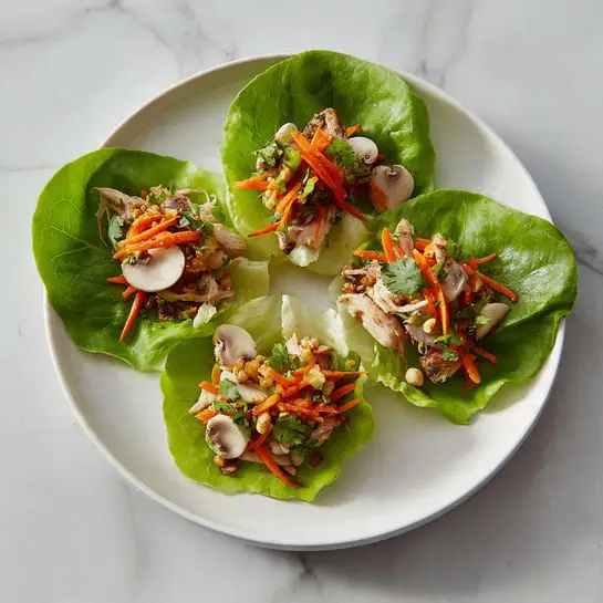 The dish shows four small lettuce wraps arranged on a white plate over a white marbled surface. Each wrap has a large, bright green lettuce leaf as the base. On top of the lettuce leaf, there is a mix of layers: shredded orange carrots, small pieces of light beige chicken, and slices of white mushrooms, all giving a mix of orange, beige, and white colors. The textures vary from the soft chicken to the crunchy carrot and tender mushrooms. The plate and white marbled background keep the focus on the fresh and colorful ingredients. photo taken with an iphone --ar 4:5 --v 7