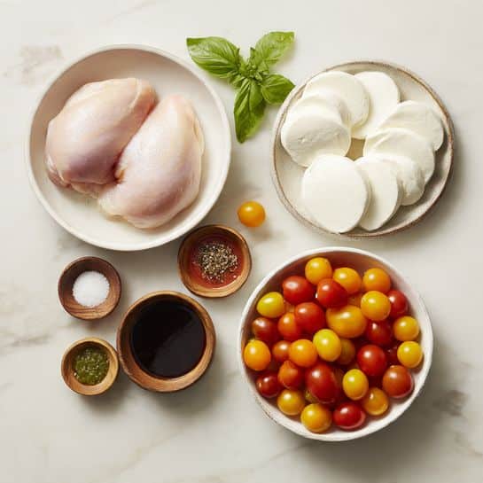 The image shows several ingredients arranged on a white marbled surface. In the top left, there is a white bowl with two raw chicken pieces, light pink in color and smooth in texture. To the right, a white plate holds six slices of mozzarella cheese, each round, white, and soft. Below these, small wooden bowls contain salt, pepper, and two different sauces, the darker sauce is glossy while the lighter sauce has a smooth texture. Fresh green basil leaves are placed near the cheese. On the bottom right, a white bowl is filled with many small cherry tomatoes in red, yellow, and orange colors, shiny and round. The overall setup looks clean and neat. Photo taken with an iphone --ar 4:5 --v 7