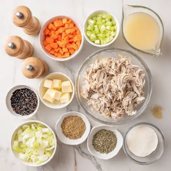 The image shows a top view of several small white bowls and clear glass containers arranged on a white marbled surface, each holding a different ingredient. In the center, there is one large clear glass bowl with shredded light beige meat. Surrounding it are white bowls filled with chopped bright orange carrots, pale green celery, and white onions. A small white bowl contains pale yellow butter cubes, another holds black wild rice grains, and a tiny metal bowl has finely minced light yellow garlic. Small piles of brownish dried herbs sit in separate small bowls. There is a clear glass measuring cup with white cream and a larger clear glass measuring cup filled with light yellow broth. Another small white container holds white flour. Two wooden salt and pepper grinders are positioned at the top left corner. The photo was taken with an iphone --ar 4:5 --v 7