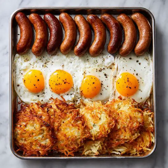 A metal tray with a white marbled surface holds a breakfast meal arranged in three neat rows; the top row has seven browned sausages evenly spaced, the middle row displays six sunny-side-up eggs with bright yellow yolks and slightly crispy white edges sprinkled with black pepper, and the bottom row is full of golden-brown crispy hash browns with a mix of light and darker brown tones showing a slightly rough texture. photo taken with an iphone --ar 4:5 --v 7