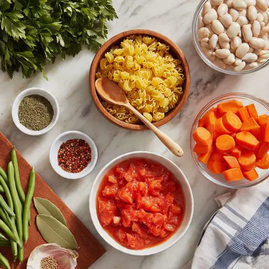 A flat lay of fresh cooking ingredients arranged on a white marbled surface, featuring a white bowl with bright red diced tomatoes in juice at bottom right, a wooden bowl with small yellow pasta with a wooden spoon at the center, a white bowl with sliced orange carrots at top right, a glass bowl filled with pale white beans near the top center, and a glass bowl of light green celery slices near the top left. Surrounding these are fresh green beans and a whole light brown onion on a wooden cutting board at bottom left, two bay leaves, three garlic cloves, a small white dish of dried green herbs, a small white dish with dark brown seeds, a wooden dish with coarse salt, and another wooden dish holding red pepper flakes. A striped cloth napkin sits beside the tomato bowl. A bunch of fresh green parsley is partly visible at the top left corner. Photo taken with an iphone --ar 4:5 --v 7