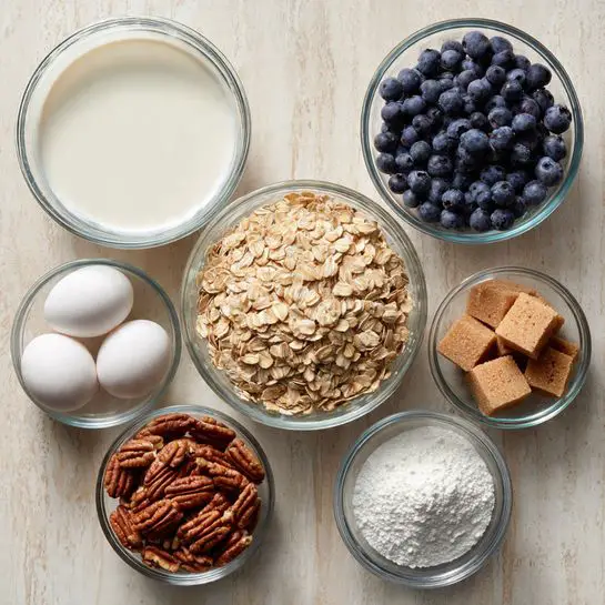 The image shows seven clear glass bowls with different ingredients arranged on a wooden surface changed to a white marbled texture. At the top left is a large bowl filled with white milk. To the right of that is a smaller bowl full of round, dark blue blueberries with a slightly shiny texture. Centrally placed is a big bowl filled with light tan rolled oats, showing a flat and smooth texture. Below the oats, two smaller bowls hold shelled pecans with a deep brown, wrinkled texture and granulated white sugar. To the left of the oats, there are three white eggs in one bowl and two packed light brown sugar portions in another bowl. The ingredients look fresh and ready for mixing. photo taken with an iphone --ar 4:5 --v 7