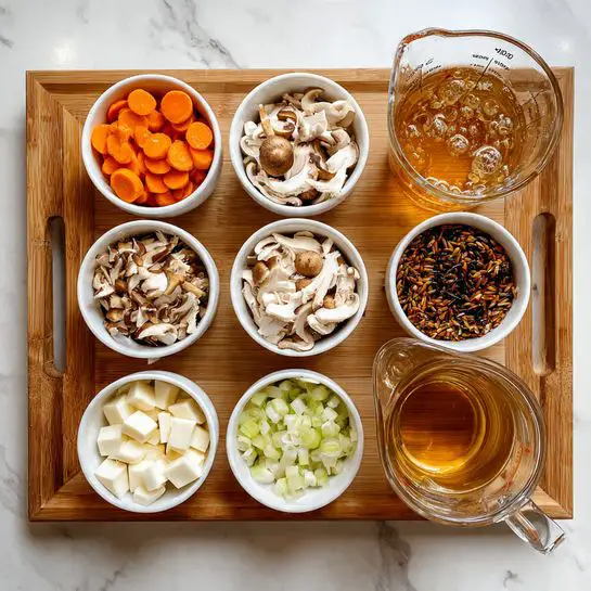 Nine small white bowls are arranged neatly in a 3x3 grid on a wooden tray with a clear glass measuring cup and a carton of broth placed below them. The bowls contain sliced carrots (orange), shredded chicken (white), sliced mushrooms (light brown), chopped celery (light green), wild rice mix (dark and light brown), flour (white powder), cubed mozzarella cheese (white), and a small amount of clear liquid in a glass bowl. The measuring cup holds a golden-brown broth. The entire setup is on a white marbled surface. photo taken with an iphone --ar 4:5 --v 7
