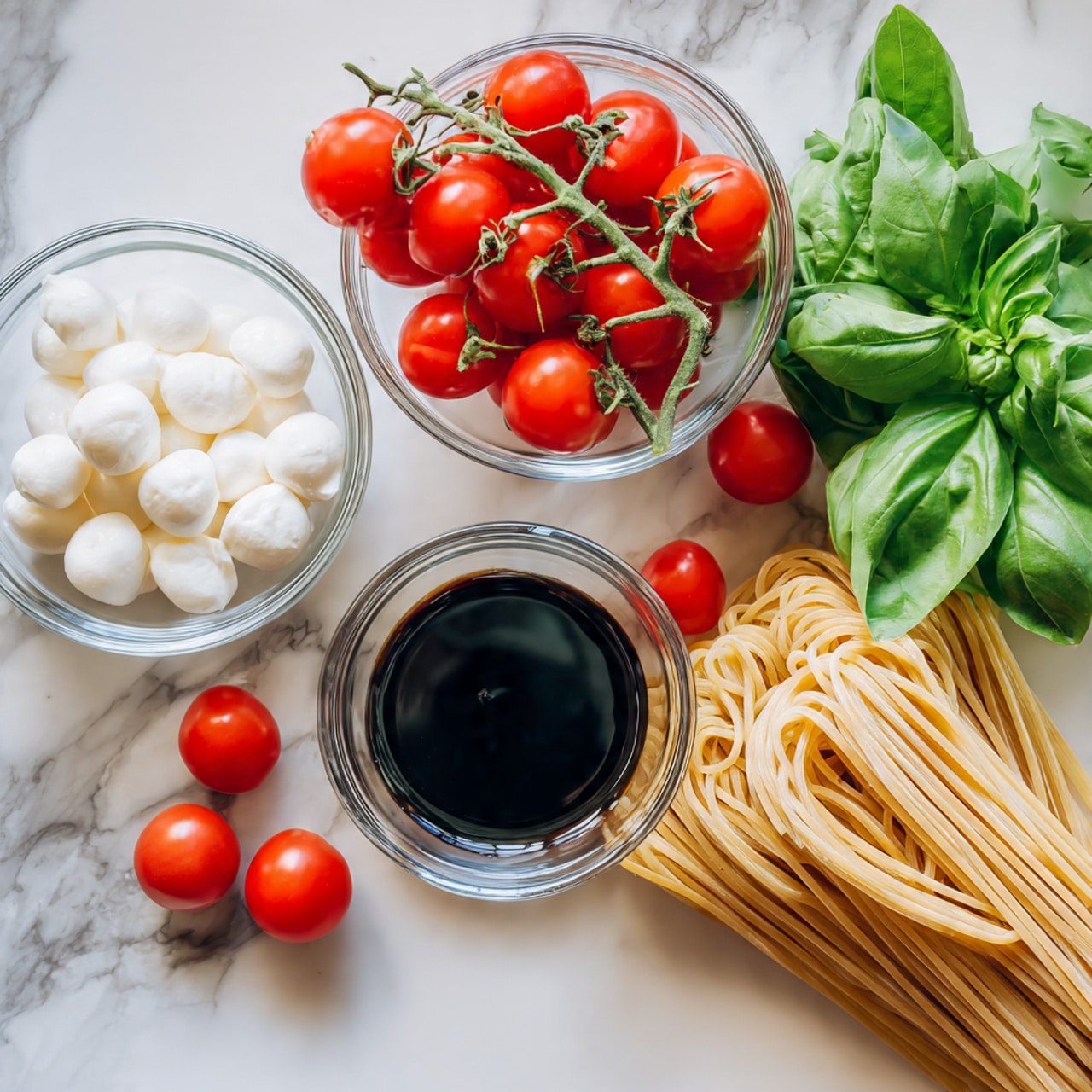 The image shows clear glass bowls on a white marbled surface, containing fresh ingredients. One bowl has small white mozzarella balls, another holds a bunch of bright red cherry tomatoes on the vine. Nearby, there is a pile of long, flat uncooked noodles with a light cream color and smooth texture. Fresh green basil leaves with a slightly rough texture are spread next to the bowls. Lastly, there is a small glass container with dark balsamic vinegar, showing a glossy, almost black liquid. Photo taken with an iphone --ar 4:5 --v 7