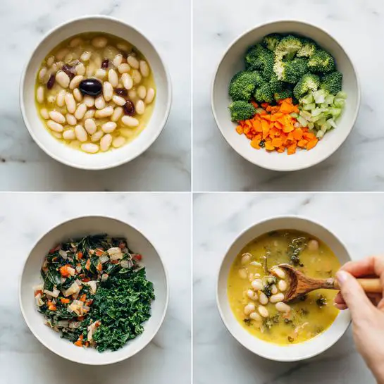The image shows a step-by-step process of making a soup in four white bowls placed on a white marbled surface. The first bowl contains many small white beans with one black olive in the center on pale yellow broth. The second bowl has chopped green broccoli, white onion, and orange carrot neatly arranged on top. The third image shows two white bowls: the left bowl has mixed vegetables and herbs on top of beans, while the right bowl has a light yellow soup with a cluster of beans in the center. The last image shows two bowls again; the left bowl is filled with finely chopped green kale, and the right bowl has a creamy mixed soup with pieces of carrot, beans, and greens. A wooden spoon held by a woman's hand is stirring the soup in the right bowl. Photo taken with an iphone --ar 4:5 --v 7