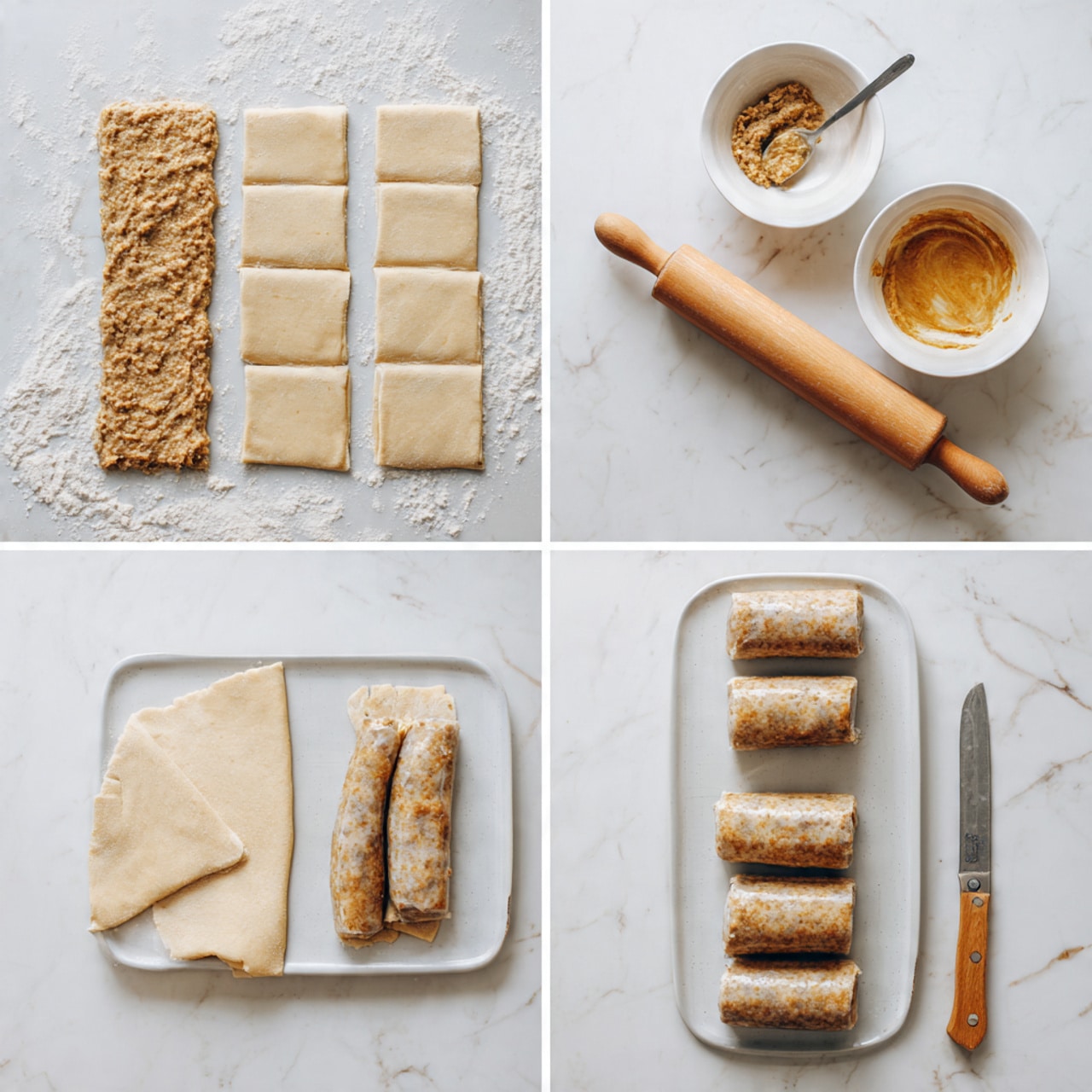 The image shows three steps of making sausage rolls on a white marbled surface. The first step displays six rectangular dough pieces laid flat, with a wooden rolling pin dusted with flour at the side. In the second step, one piece of dough is topped with a spread of a beige, grainy mustard mixture and a whole cooked sausage; a folded rolled piece of dough with the sausage inside is also visible. Nearby is a small white bowl with the same mustard mixture and a spoon, along with a white bowl of beaten egg and a white plate with more sausages. The final step shows eight small, folded sausage rolls cut into pieces, resting on the white marbled surface next to a kitchen knife with a wooden handle. Photo taken with an iphone --ar 4:5 --v 7