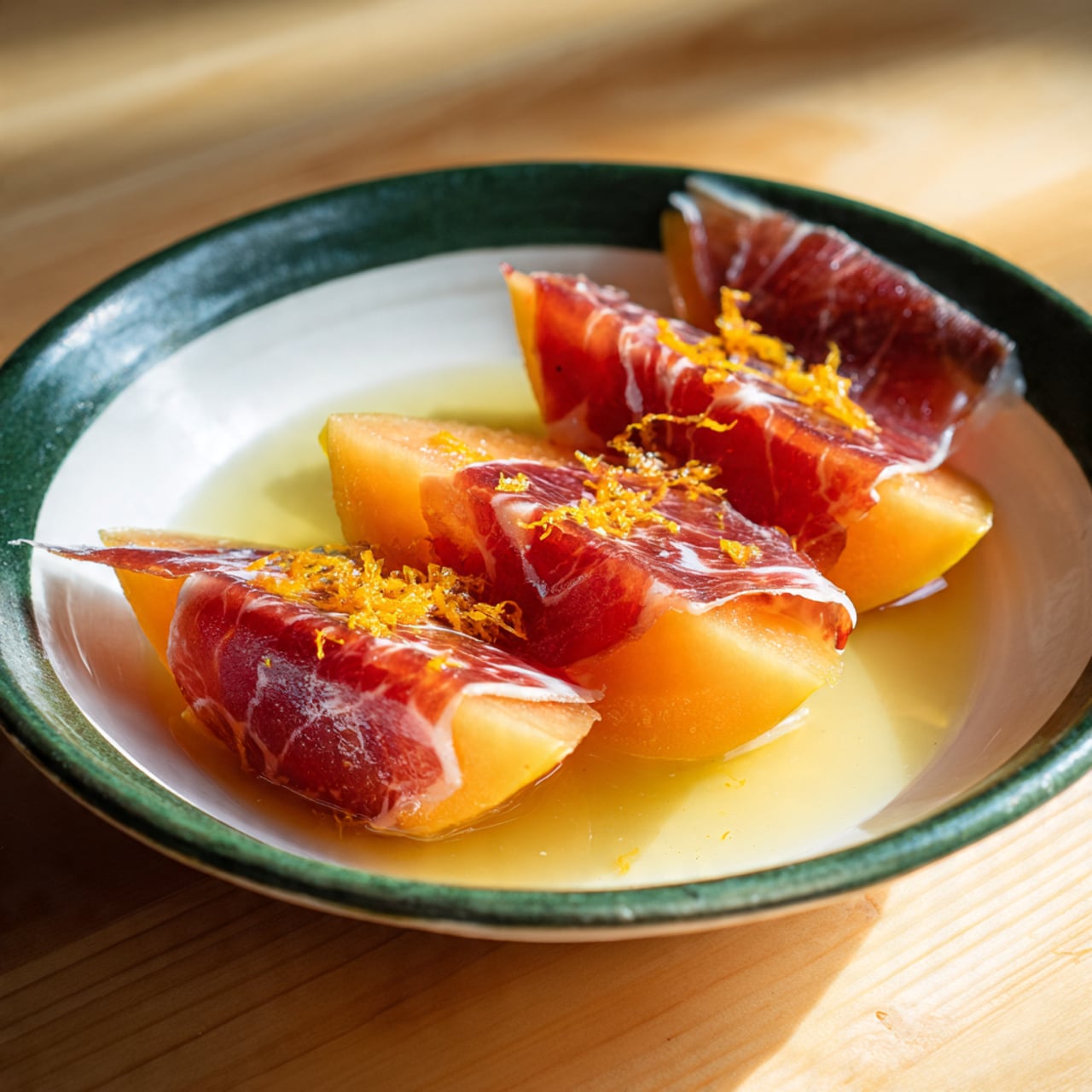 Four slices of light orange cantaloupe are wrapped individually with thin layers of dark red prosciutto, showing slight white marbling. These wrapped slices are placed side by side in a white bowl with a dark green outer edge. Small bright orange zest bits are sprinkled on top of the prosciutto, and a light, clear liquid pools at the bottom of the bowl. The bowl sits on a wooden surface with a light tone. Photo taken with an iphone --ar 4:5 --v 7