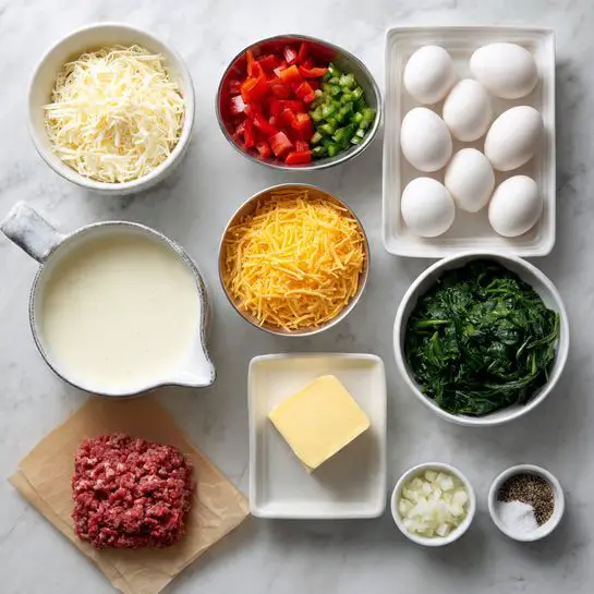 A white marbled surface holds several small white bowls and containers arranged neatly. In the top row, from left to right, there is a bowl of shredded white cheese, a bowl of diced red bell peppers, a small metallic bowl of chopped green chilies, and a bowl of shredded orange cheddar cheese. Below are a glass pitcher of milk on the left, a white rectangular dish with eight whole white eggs in the center, and a small white square dish with a cube of butter on the right. At the bottom left, there is raw ground meat on a piece of brown parchment paper. Next to it are two small white bowls, one with diced white onions and the other with chopped green spinach. To the right are two more small white bowls, one with salt and one with black pepper. The whole setting is on a white marbled surface. photo taken with an iphone --ar 4:5 --v 7