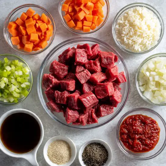 A clear glass bowl at the top center holds many small chunks of red raw beef mixed with white fat. To its right, there are three bottles—an olive oil bottle behind a black pepper grinder and a pink salt grinder, all placed on a white marbled texture. Below the meat, a white plate is divided into two sections: finely chopped white onions on the left and sliced bright orange carrots on the right. In front of the plate, a clear glass measuring cup contains light beige rolled oats. To the left of the oats, two green bay leaves rest on the white marbled surface with two small sprigs of fresh thyme below them. Above the herbs, a small clear glass bowl contains four whole garlic cloves. On the far left near the top, a carton of beef broth with blue and white packaging is slightly tilted on the white marbled texture. photo taken with an iphone --ar 4:5 --v 7