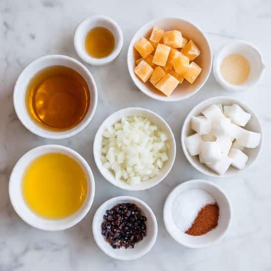 A white bowl filled with a golden brown liquid is placed at the top center. Below it, seven small white bowls are arranged closely in a rough circle: two bowls at the top left and top right hold orange cubes, while a bowl in the middle left has small white cubes. The bowl in the middle right contains larger orange cubes. At the bottom left, a small white bowl holds yellow liquid. Next to it, a bowl contains finely chopped white onions, and the bottom right has a bowl of coarse white salt. Two smaller bowls at the bottom center display a reddish powder and a small dark brown item. All bowls are set against a white marbled surface. Photo taken with an iphone --ar 4:5 --v 7