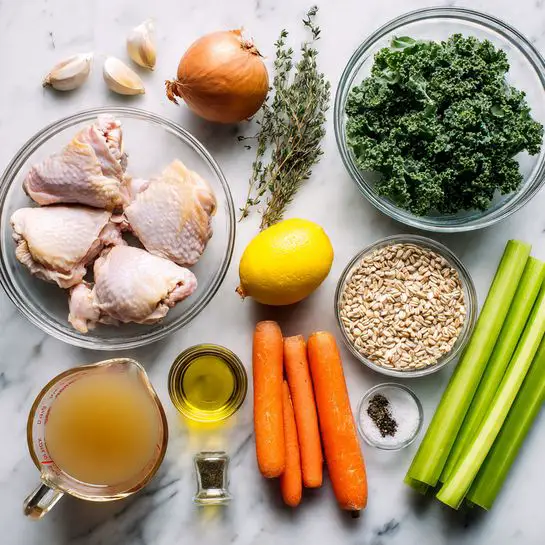 The image shows an overhead view of several fresh ingredients on a white marbled surface, arranged neatly. At the bottom left, there is a clear glass bowl with raw pale pink chicken thighs. Above it, another clear glass bowl holds bright green leafy kale. To the top left, there is a whole brown onion, a garlic clove, and some fresh thyme sprigs. In the center bottom, a clear glass measuring cup is filled with light brown broth. To the right, three fresh orange carrots and three green celery sticks lie side by side. Above them, a whole yellow lemon is placed next to a clear glass bowl filled with light tan barley. At the bottom right, a small clear bowl contains salt and black pepper, and a small glass bottle with golden olive oil is next to it. Photo taken with an iphone --ar 4:5 --v 7
