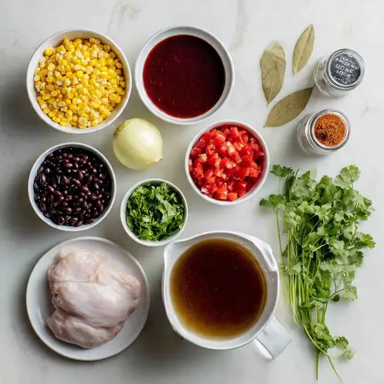 The image shows a white marbled surface with several small white bowls and ingredients arranged neatly. There are six small white bowls filled with corn kernels, black beans, diced red tomatoes, green salsa, a dark red sauce, and chicken broth in a larger clear pitcher. Three small spice jars labeled cumin, chili powder, and bay leaves stand on the right side. A whole garlic bulb, a yellow onion, fresh green cilantro, and one raw chicken piece laid on a white plate are set among the bowls. The overall look is clean and colorful, showing fresh and separate ingredients ready for cooking photo taken with an iphone --ar 4:5 --v 7