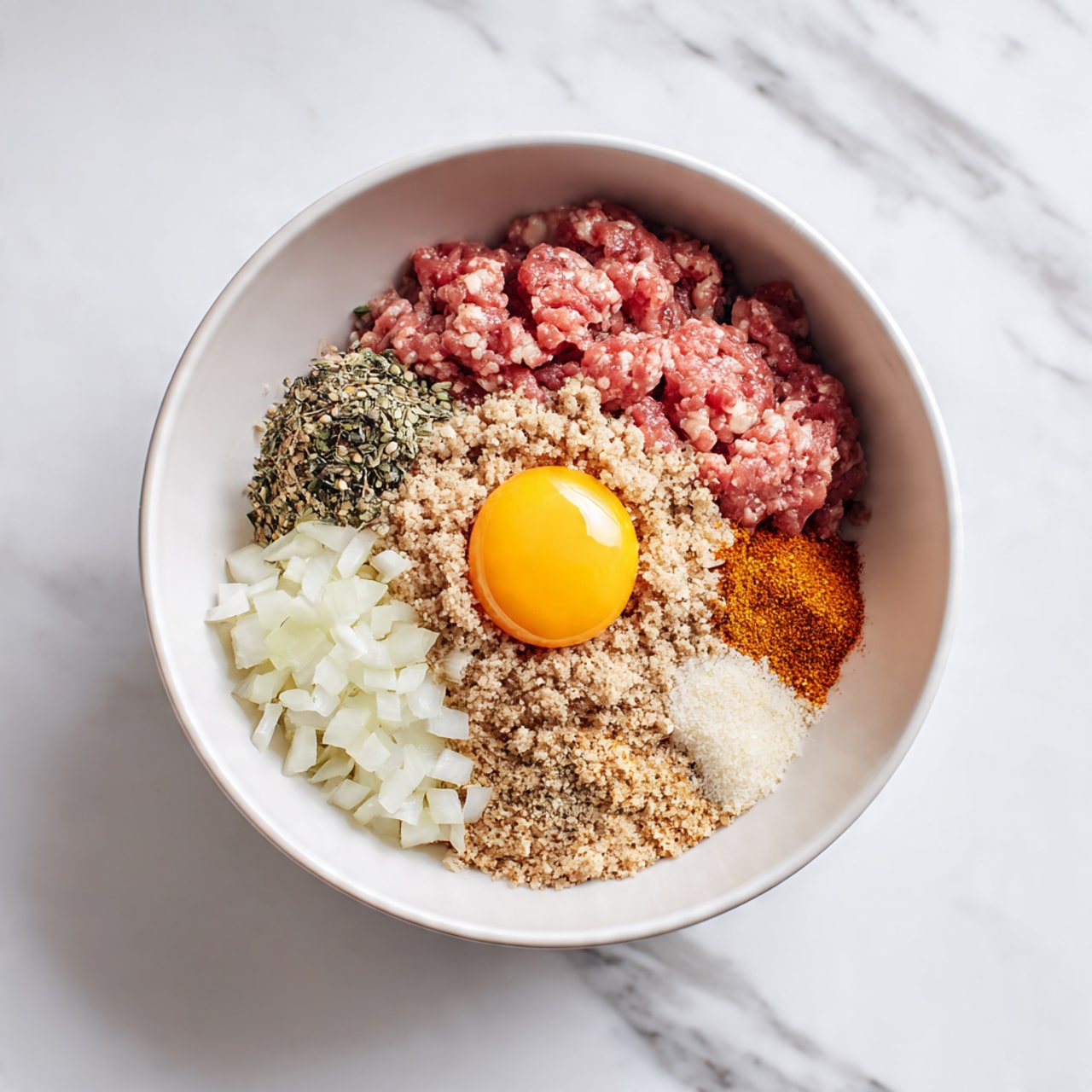 A white bowl is filled with layers of raw ground meat in two shades of pink on opposite sides, with a raw egg yolk partly visible near the right side. Below the meat on the left side, there is a white, grainy layer. Below this, a thick, coarse layer of light brown crumbs covers the center. To the right of this is a layer of chopped white onions. Above the crumbs, smaller piles of black pepper and orange seasoning powder sit next to each other. The bowl is placed on a white marbled surface. photo taken with an iphone --ar 4:5 --v 7