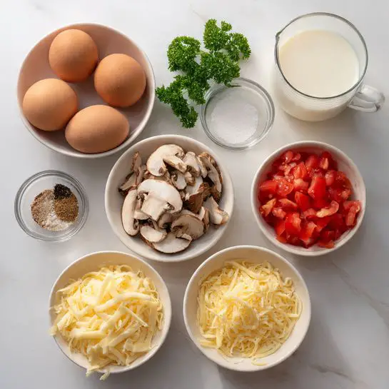 The image shows a top view of several small white bowls placed on a white marbled surface. Each bowl contains a different ingredient: one bowl has four brown eggs in their shells, another bowl is filled with thin slices of mushrooms that are white with light brown spots, one bowl holds chopped red tomatoes, another bowl contains shredded yellow cheese, and a small bowl has coarse salt. Nearby, there is a clear glass filled with milk and some green parsley leaves placed on the surface. The arrangement is simple and neat, with a soft natural light highlighting the textures and colors of the ingredients. Photo taken with an iphone --ar 4:5 --v 7