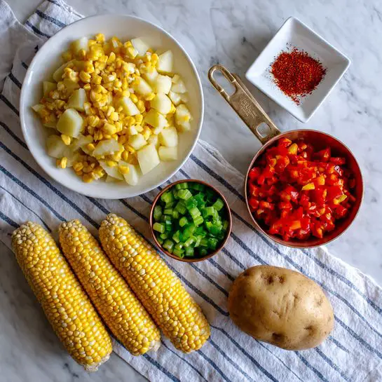 The image shows a white marble surface with a white plate holding chopped yellow potatoes with skin on the top left, and next to it on the right is a small white bowl with diced green celery. Below the celery is a copper measuring cup filled with diced red bell pepper. At the bottom left, there are four ears of yellow corn arranged side by side, and on the right side, a whole potato rests on a white and blue striped cloth that stretches across the surface. Above the plate, a small white dish contains a heap of red spice powder. photo taken with an iphone --ar 4:5 --v 7