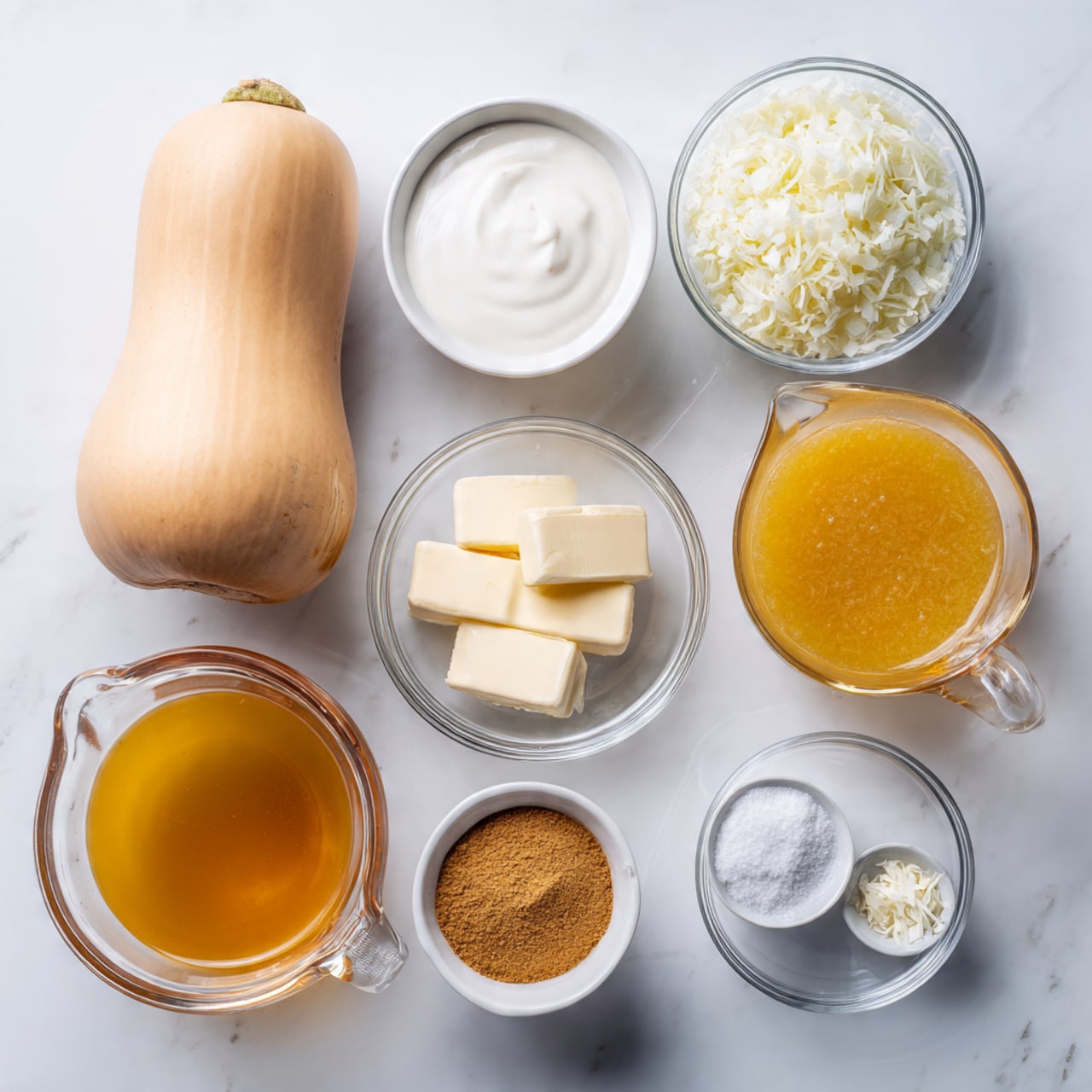 The image shows a group of nine ingredients arranged neatly on a white marbled surface. On the far left, there is one whole butternut squash with a beige skin. Next to it, from left to right and top to bottom, there is a white bowl filled with smooth sour cream, a glass bowl with three rectangular pieces of butter stacked, a small clear bowl with grated ginger, a large glass measuring cup holding golden-yellow broth, a glass bowl full of finely chopped white onions, a small white bowl with ginger powder, a small white bowl with salt, and a tiny clear bowl containing chopped garlic. All the bowls are white or clear glass, and the ingredients are cleanly separated and simple to identify. photo taken with an iphone --ar 4:5 --v 7