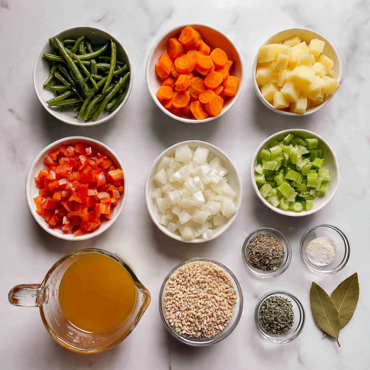 This image shows 13 small white bowls and glass containers arranged neatly on a white marbled surface. Starting from the top left, there is a white bowl filled with cut green beans, next to it is a white bowl with sliced orange carrots. Below the beans is a white bowl with chopped green celery. Moving downward, there are two glass bowls with chopped white onions and cubed yellow potatoes. In the center, a white bowl contains bright red diced tomatoes. At the bottom, there is a glass container with light beige barley grains and a large glass measuring cup filled with golden broth. Smaller white bowls on the right hold a bay leaf, dried herbs, garlic cloves, coarse salt, black pepper, and more green dried herbs. The ingredients are colorful and cleanly displayed on the smooth white marbled surface. Photo taken with an iphone --ar 4:5 --v 7