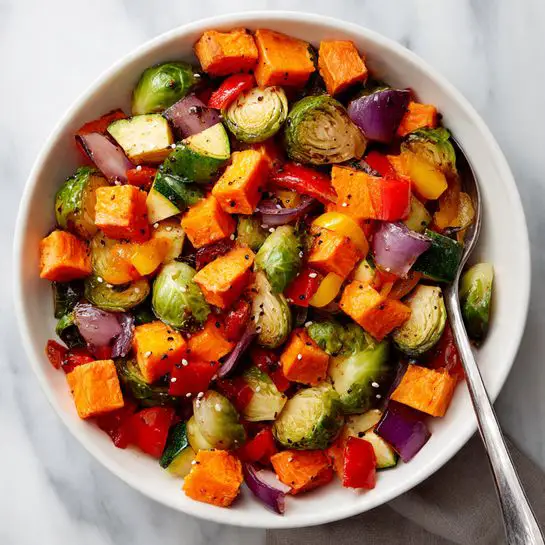 A close-up of a white bowl filled with a colorful mix of cooked vegetables and sweet potato pieces. The dish has several layers of diced orange sweet potatoes, green Brussels sprout halves, small chunks of yellow and green zucchini, red bell pepper pieces, and light purple onion bits. The vegetables look slightly soft with some light seasoning and a few small white sesame seeds scattered. A silver spoon is partially visible on the right inside the bowl. The bowl sits on a white marbled surface. Photo taken with an iphone --ar 4:5 --v 7