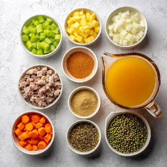 The image shows a white marbled surface with multiple small white bowls arranged neatly. Each bowl contains different ingredients: one has diced green celery, another has diced yellow potatoes, there is a bowl with chopped white onions, one with small chopped orange carrots, a bowl full of green split peas, another with small pieces of meat, and a couple of bowls contain different ground spices. A large clear glass pitcher filled with orange broth or liquid is also present. All the items are spread out with clear visibility. Photo taken with an iphone --ar 4:5 --v 7