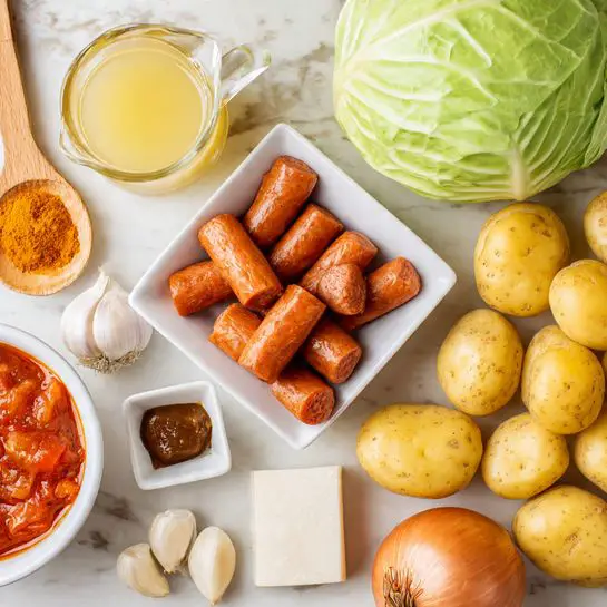 The image shows various ingredients arranged on a white marbled surface. In the center, there is a white square bowl filled with sliced sausages that are reddish-brown with a smooth texture. To the right, there is a pile of small yellow potatoes with some spots. Above the sausages is a whole green cabbage with a smooth shiny surface. To the top left, there is a small amount of orange spice in a wooden spoon and a small glass pitcher filled with a light yellow liquid. Below the cabbage is a small white dish with a dark brown paste, near which lies a white rectangular block. There are three peeled garlic cloves near the bottom center, close to a round brown onion. At the bottom left, there is a white bowl with a chunky red tomato mixture. A woman's hand is not visible in this image. Photo taken with an iphone --ar 4:5 --v 7