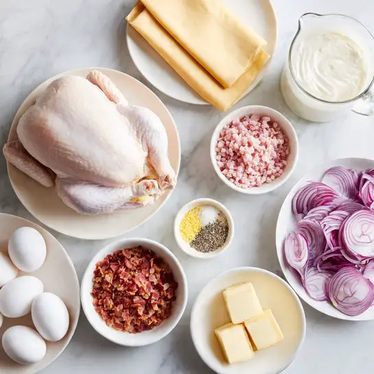 A table with several ingredients arranged neatly on a white marbled surface: in the center left, a whole raw chicken with pale skin lies on a white round plate; above it, two long sheets of beige puff pastry rest flat; next to the pastry, a glass measuring cup holds white heavy cream, and to the right, a white bowl is filled with sliced purple and white red onions. Around these are smaller white bowls containing finely chopped pink bacon, grated pale yellow cheese, white flour, black pepper and salt, and crispy bacon bits. Below the chicken plate, there are two sticks of butter placed side by side and a white bowl contains two whole white eggs. Photo taken with an iphone --ar 4:5 --v 7