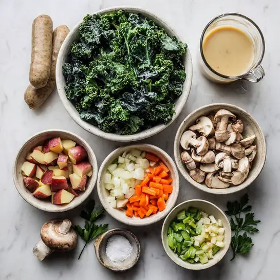The image shows a white marbled surface with several white bowls arranged neatly. One large bowl holds chopped kale with dark green leaves, another has diced red-skinned potatoes, and a third contains sliced light brown mushrooms. Smaller bowls contain finely chopped white onions, diced orange carrots, chopped green celery, and minced garlic. There is a small bowl of salt and another with olive oil. A glass container holds light brown broth, and next to it are three light brown sausages. Fresh parsley sprigs add a touch of bright green color on the side. photo taken with an iphone --ar 4:5 --v 7