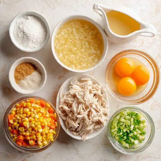 A top-down view of several small white bowls and clear glass bowls arranged on a surface with white marbled texture. Starting from the bottom right, there is a white bowl filled with shredded light beige chicken. Above it, a white bowl holds yellow frozen corn kernels. To the left of the corn, a small white bowl contains a creamy thick soup with corn pieces showing through. Above that, a small white ramekin has white powdery cornstarch. Next to it, a small white bowl has ground light brown ginger powder. Above, a clear glass bowl contains chopped white and light green spring onions. To the right, another clear bowl has chopped darker green scallions. At the top right, a clear bowl holds beaten bright orange eggs. In the center, a small white pitcher contains a pale golden broth. On the far left near the bottom, a clear bowl contains small diced orange carrots. photo taken with an iphone --ar 4:5 --v 7