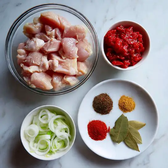The image shows a clear glass bowl in the center filled with pieces of raw chicken, which are pale pink and slightly glossy. Above it on the white marbled surface is a white bowl with bright red crushed tomatoes, chunky in texture. Next to the tomatoes is a white plate holding five different dry spices arranged in small piles, with colors ranging from dark brown, bright red, light beige, orange, to yellow. Below the chicken bowl, there is a white bowl with thinly sliced white and light green onions, and beside it, another white bowl holds chopped ginger and two bay leaves on top. The scene is clean and organized with all bowls placed neatly on a white marbled surface, photo taken with an iphone --ar 4:5 --v 7