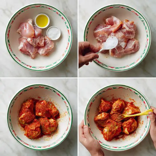 The image shows four steps of making a marinated chicken dish in a white bowl with a green rim on a white marbled surface. In the first step, large pieces of raw pale pink chicken are placed in the bowl with small white dishes holding salt, mustard, and oil nearby. The second step shows a woman's hand adding white salt over the chicken pieces. In the third step, bright red and yellow spices are sprinkled over the chicken with a yellow spoon resting inside the bowl. The fourth step shows a woman's hands holding the same bowl filled with chicken pieces now covered evenly with a thick red-orange spice mixture, and a yellow spoon inside the bowl. Photo taken with an iphone --ar 4:5 --v 7