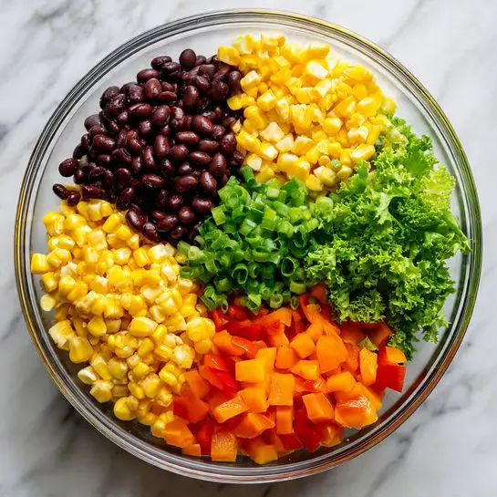 A clear glass bowl sits on a white marbled surface filled with five different ingredients arranged in separate sections. There are black beans in one area, bright yellow corn kernels in another, diced orange bell peppers in a third section, finely chopped green onions next to the peppers, and a few curly green lettuce leaves placed between the black beans and peppers. The ingredients are fresh and colorful, showing a clear contrast between each section. Photo taken with an iphone --ar 4:5 --v 7