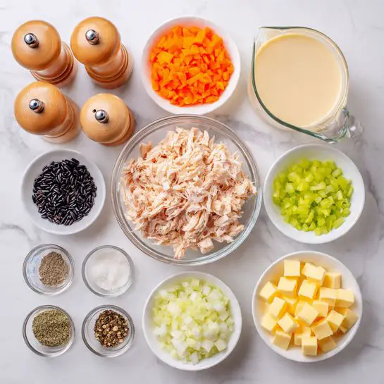 The image shows a white marbled surface with nine white bowls and glass containers neatly arranged, each holding different ingredients. At the center is a clear glass bowl filled with shredded light pink cooked chicken. Surrounding it are a white bowl of bright orange chopped carrots, white bowl of pale green chopped celery, white bowl of small diced white onions, a small white bowl with yellow butter cubes, a white bowl of black wild rice, a small bowl of minced garlic, and three smaller containers of dried herbs and flour. There is also a clear glass measuring cup with a creamy white liquid and another with a light yellow broth. In the top left corner, there are two wooden pepper and salt grinders. All items rest on a white marbled texture background. Photo taken with an iphone --ar 4:5 --v 7