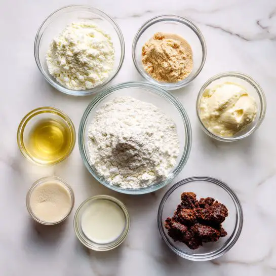 The image shows a white marbled surface with seven clear bowls arranged in a loose circle. In the center is a large bowl filled with fine white flour. Surrounding it are smaller bowls, including one filled with a light brown powder, one with a creamy off-white liquid, one with a light yellow liquid, one with a dark brown crumbly mixture, one with a pale beige liquid, and two empty bowls. The bowls are made of clear glass, showing the textures and colors of the ingredients inside clearly. photo taken with an iphone --ar 4:5 --v 7