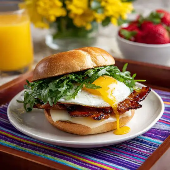 Egg, Brie, and Arugula Breakfast Sandwich with Strawberry-Glazed Bacon Recipe