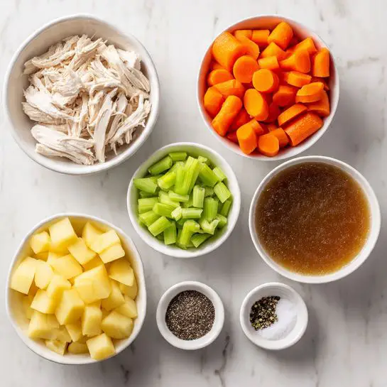 The image shows six white bowls arranged on a white marbled surface. The largest bowl on the right contains a clear brown broth with tiny bubbles on the surface. To the left of it, a medium clear bowl holds shredded white chicken pieces. Above that, a white bowl is filled with sliced bright orange carrots. Below the carrots, another white bowl is packed with diced yellow potatoes. Next to the potatoes, a smaller white bowl contains chopped green celery. At the bottom right, two tiny white bowls hold white salt crystals and ground black pepper, respectively. The overall look is neat with fresh, colorful ingredients. photo taken with an iphone --ar 4:5 --v 7