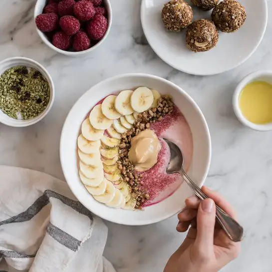The image shows a white bowl filled with several layers of food, placed on a white marbled surface. The bottom layer is smooth and pink, topped neatly with a line of sliced bananas on the left side. Next to the bananas, on the right, is a thick pinkish-red layer with a textured look, possibly berries. In the middle, there is a small scoop of light brown creamy spread, and scattered around it are small brown chunks or granola. Surrounding the bowl, there is another small white bowl filled with whole raspberries, a white plate with sliced bananas, and a white plate holding six round brown balls. A small bowl with a golden sauce and a bowl with green seeds or grains also rest nearby. A woman's hand with a silver spoon is reaching into the bowl. A light cloth with a curved line pattern is draped at the bottom of the image. Photo taken with an iphone --ar 4:5 --v 7