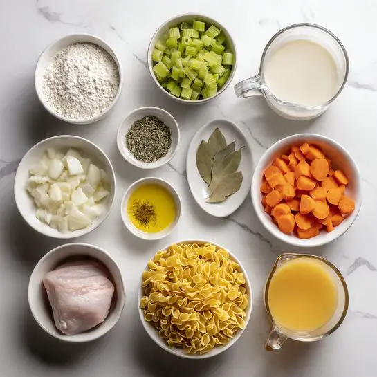 The image shows nine white bowls and two clear measuring cups arranged on a white marbled surface, each holding a different ingredient. Starting from the top left, there is a small bowl of white flour, next to a larger bowl filled with bright green chopped celery pieces. To the right is a small plate with dried herbs and two bay leaves, displaying shades of brown and green. Below the herb plate is a small bowl of golden-yellow olive oil, and beneath it is a tiny bowl of finely minced garlic with a pale yellow color. In the center is a medium bowl with a raw, pale pink chicken piece. To the left of the chicken is a white bowl filled with white chopped onions. Below the onions is a large bowl heaped with yellow egg noodles. Next to the noodles, a clear measuring cup holds a light yellow chicken broth, and above it, another clear measuring cup is filled with white milk. At the top right, a medium bowl contains bright orange, thickly sliced carrots. All ingredients are neatly placed with a soft, even light. Photo taken with an iphone --ar 4:5 --v 7