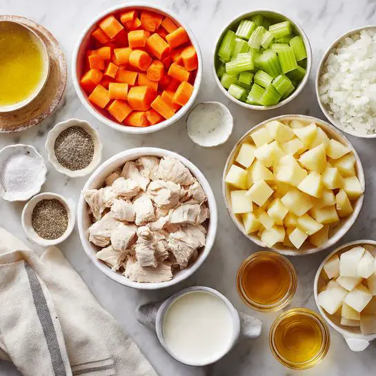An overhead view of several small white bowls arranged on a white marbled surface, each holding different chopped and raw ingredients. There are light beige, bite-sized pieces of raw chicken in one bowl, bright orange small cubes of carrot in another, pale yellow chunks of potato in a larger bowl, and small green celery pieces in a white bowl. Also visible are finely chopped white onions, a bowl with white powder, a small dish with a mix of black pepper, white salt, and garlic powder, plus three small glass bowls containing white cream, light golden oil, and golden brown liquid. A white cloth napkin is placed near the bottom left. Photo taken with an iphone --ar 4:5 --v 7