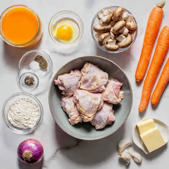 The image shows a top view of raw cooking ingredients placed on a white marbled surface. At the center is a gray bowl filled with several pieces of raw pale pink chicken thighs. To the right of the bowl, there is a white bowl full of light brown mushrooms, and above it, a glass bowl with green frozen beans. Next to the beans, two long bright orange carrots lay side by side. To the left of the chicken bowl, there are small glass containers holding white flour, yellow powder, and a mix of salt and black pepper. Two cloves of garlic and a square piece of butter are arranged near the containers. A whole purple onion with its skin sits below the butter. Two glass jars, one with orange sauce and one with orange chunks, are placed at the upper left corner. The whole setting appears clean and fresh, with a natural lighting feel. Photo taken with an iphone --ar 4:5 --v 7